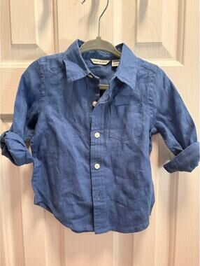 Janie and Jack Blue Linen Long Sleeve Oxford Button Down Baby 12-18 Mo